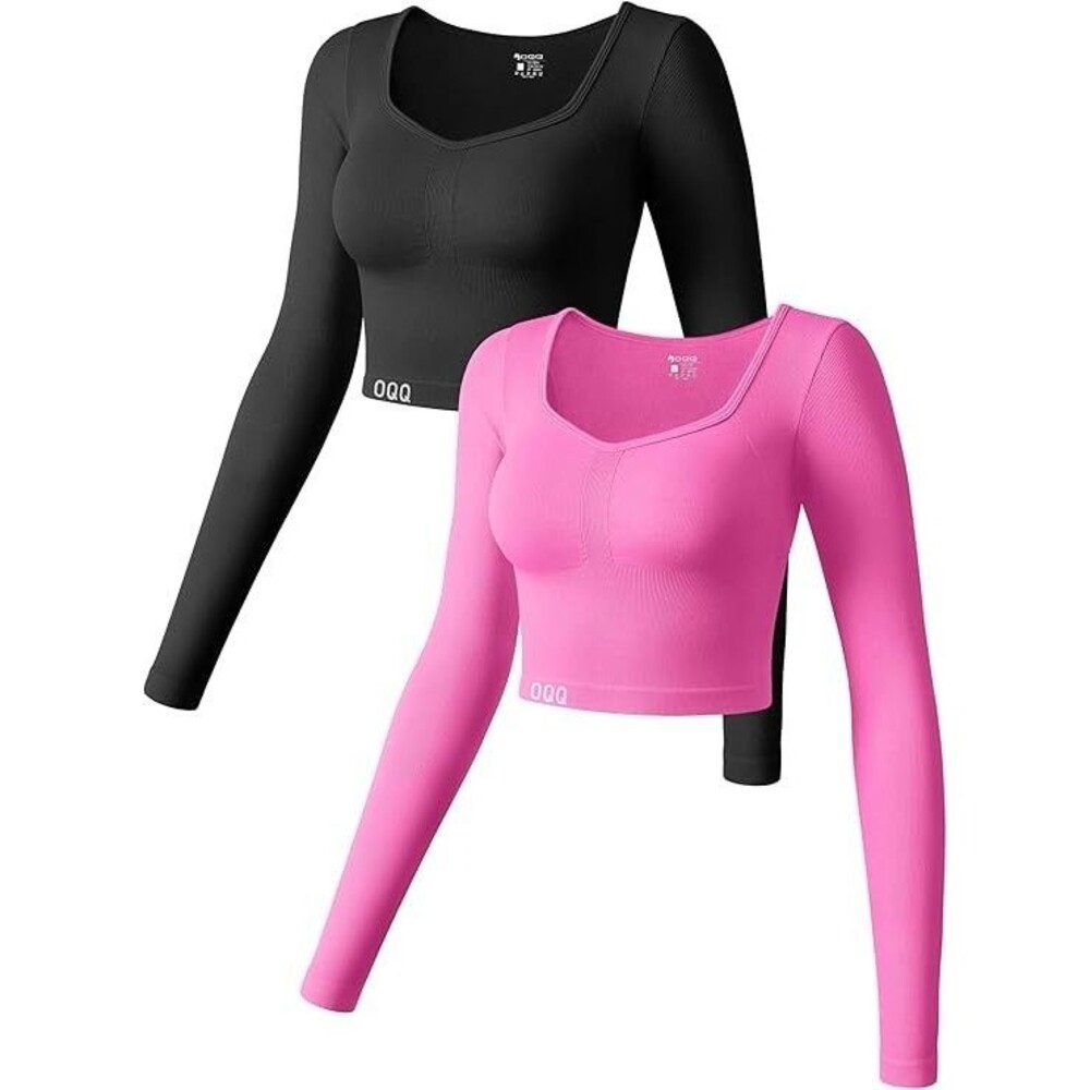 OQQ Size LARGE 2 Piece Crop Top Long Sleeve Ribbed Slimming Black Hot Pink NEW